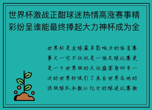 世界杯激战正酣球迷热情高涨赛事精彩纷呈谁能最终捧起大力神杯成为全球焦点