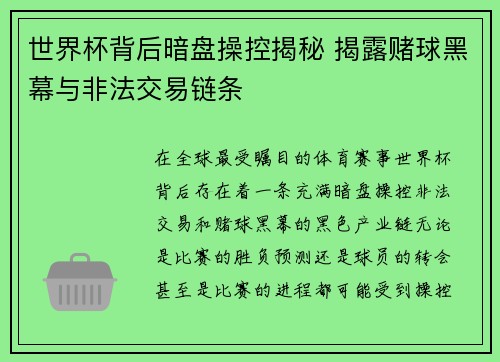 世界杯背后暗盘操控揭秘 揭露赌球黑幕与非法交易链条