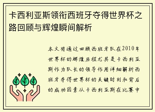 卡西利亚斯领衔西班牙夺得世界杯之路回顾与辉煌瞬间解析